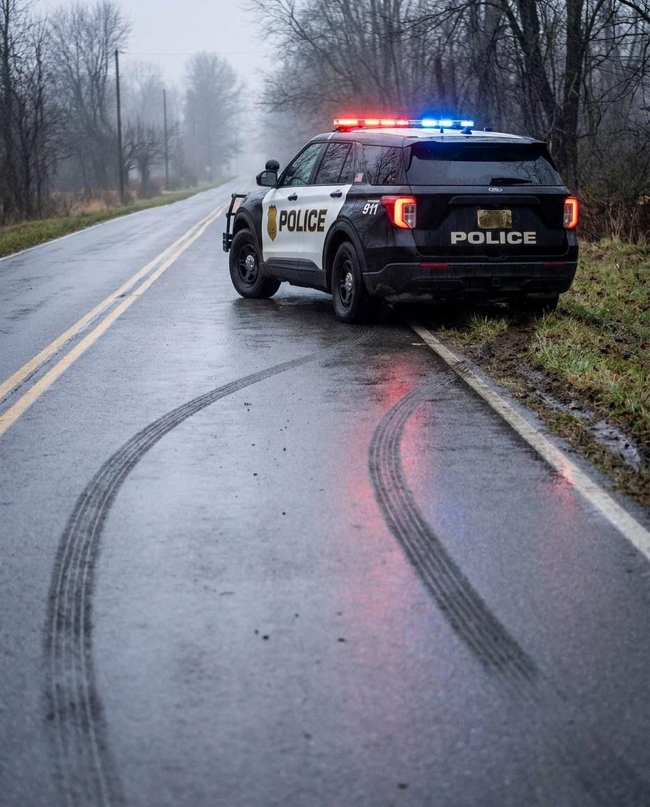 Skid marks curving across a wet rural road at dawn to a patrol car stopped half off the shoulder, light bar still flashing, nobody in sight