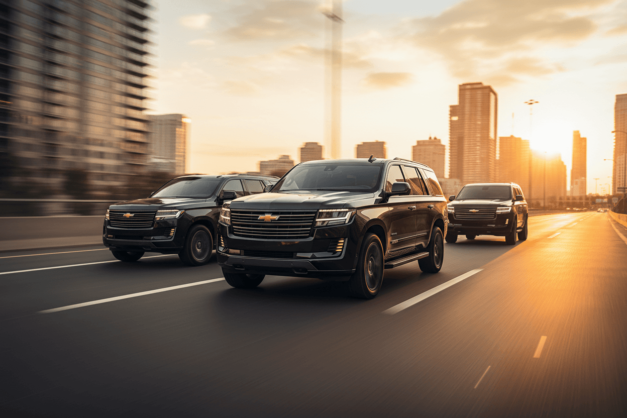 Black Chevrolet Suburbans in executive motorcade formation