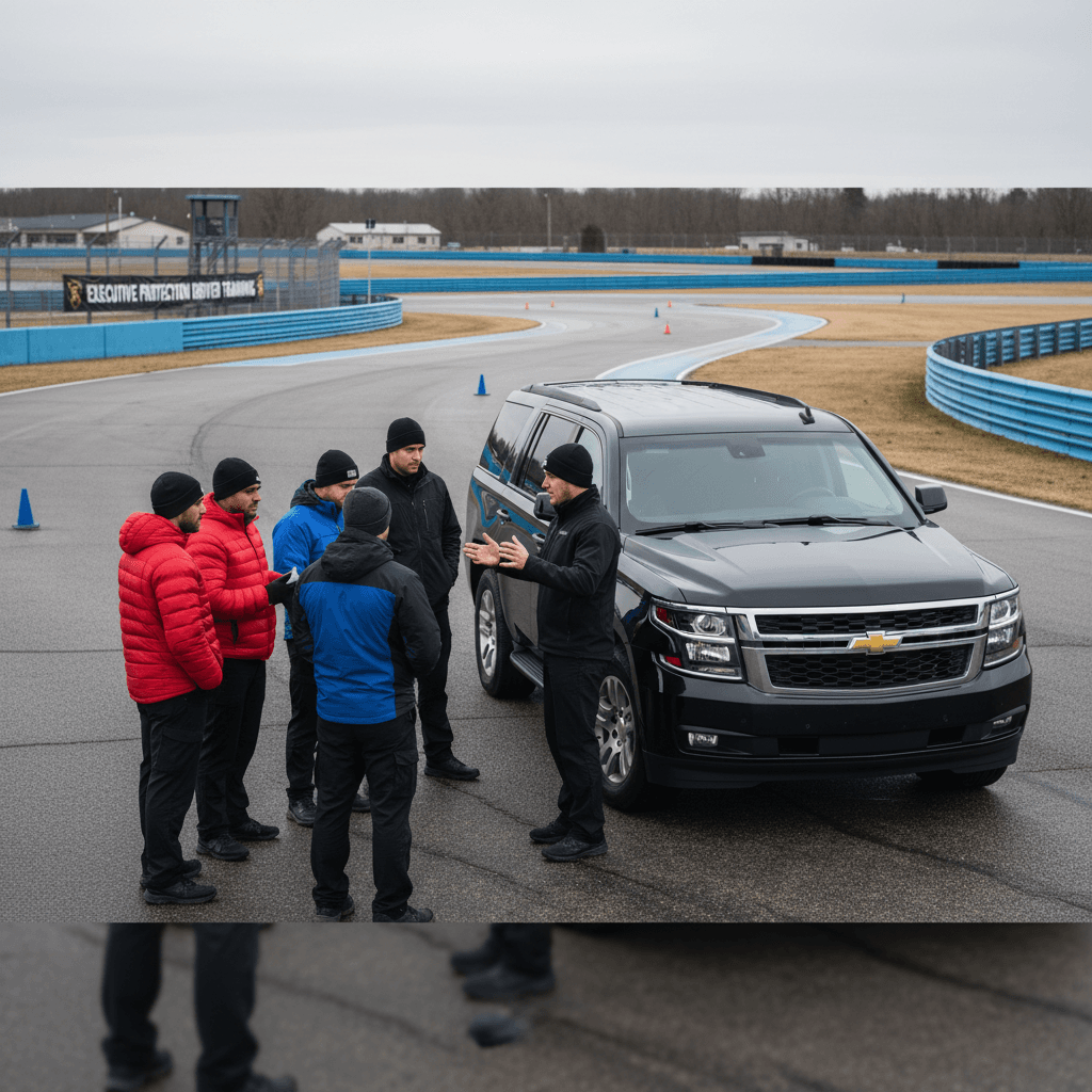 Instructor briefing team at executive protection training facility